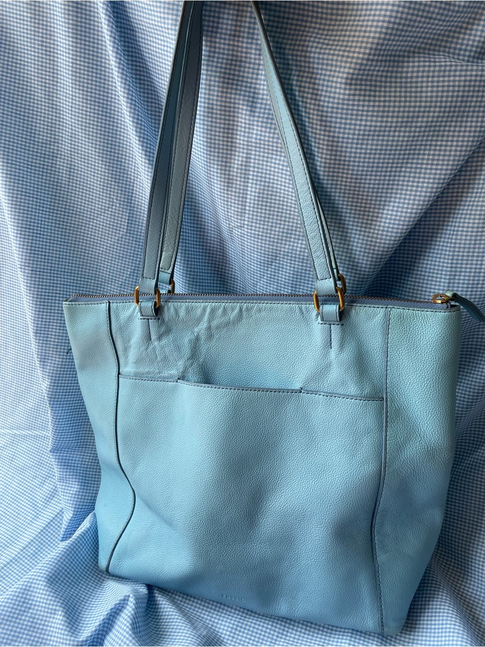Fossil Light Blue Large Genuine pebbled Leather Tote with gold hardware